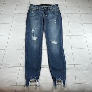 Judy Blue Jeans Womens 26 Blue Cropped Fit Skinny Distressed Chewed Hem Stretch